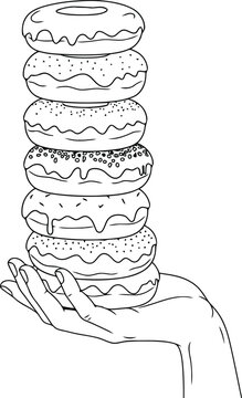 A detailed black and white line art illustration of a hand holding a tall stack of glazed donuts