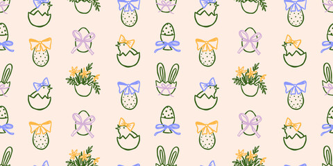 Coquette Easter vector seamless pattern. Spring holidays wrapping paper design with eggs, flowers illustrations © ArtFM