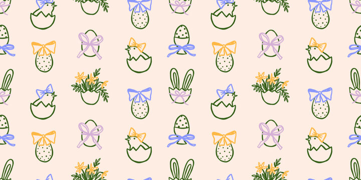 Coquette Easter vector seamless pattern. Spring holidays wrapping paper design with eggs, flowers illustrations
