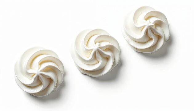 Three white whipped cream swirls arranged on a clean light background. This creamy topping offers a soft airy texture perfect for pastry decoration or dessert styling in food photography.