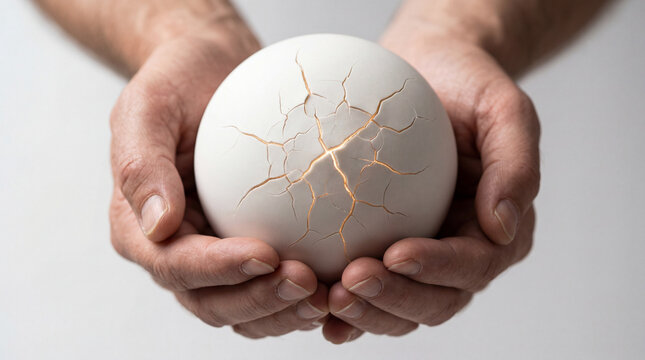Hands hold a cracked white sphere glowing softly during a creative art or design process in a studio setting