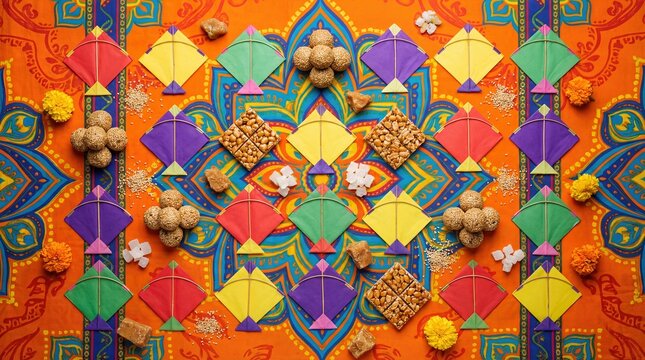 Makar Sankranti Festival Flat Lay with Kites Til Laddu and Chikki on Pattern
