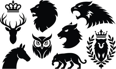 Heraldic animal silhouettes: crowned stag lion eagle wolf panther owl horse with black and white coat of arms silhouette heraldry feathers wildlife illustration mythology strength © MstAsmaAkter
