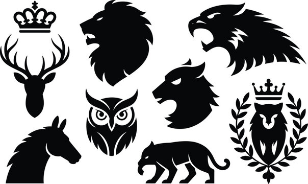 Heraldic animal silhouettes: crowned stag lion eagle wolf panther owl horse with black and white coat of arms silhouette heraldry feathers wildlife illustration mythology strength