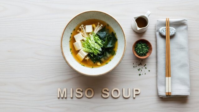 Minimalist Overhead Flat Lay of Fine Dining Miso Soup with Wooden Word Sign on Whitewashed Maple