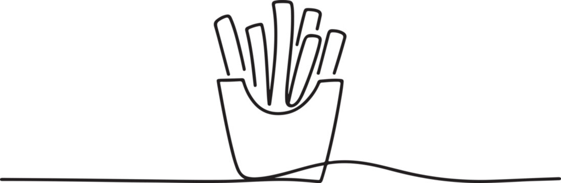 Fast food, French fries, continuous line vector illustration. One line draw graphic design vector