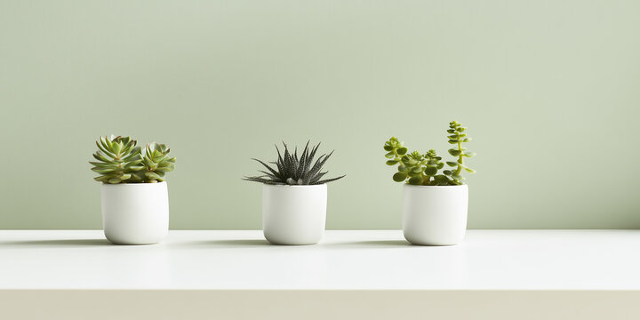 Indoor succulent plants in white ceramic pots on shelf