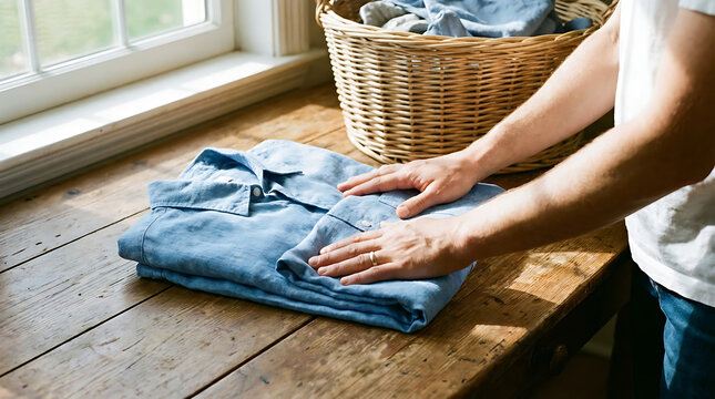 Person folding clothes on wooden table by window with basket