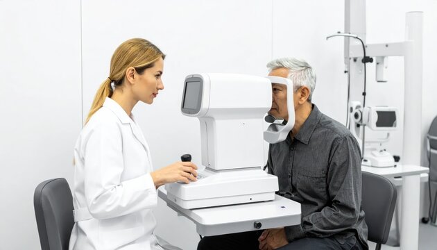 Optometrist Examining Patient with Eye Testing Equipment.