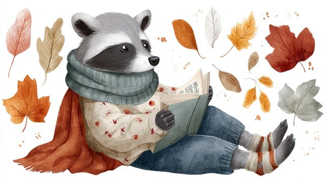 Cute raccoon reading, white background with autumn leaves around the edges