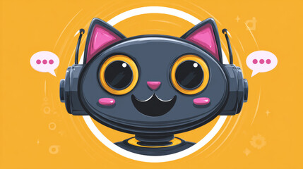 Fototapeta premium Chat Bot Artificial Intelligence Technology with cat robot happy friendly smiling face logo vector design concept. Cat Robot Virtual Assistance logotype symbol for AI Technology, online support, ui.