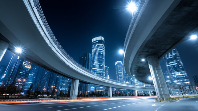 Night traffic on modern city highway with light trails