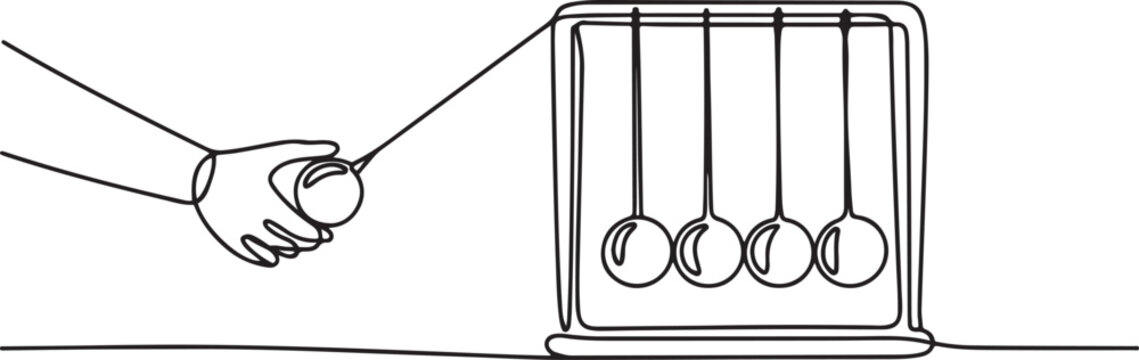 Simple continuous line drawing Newton cradle pendulums kinetic balls hand pulling one. Subjects concept in school and university. One line draw graphic design vector