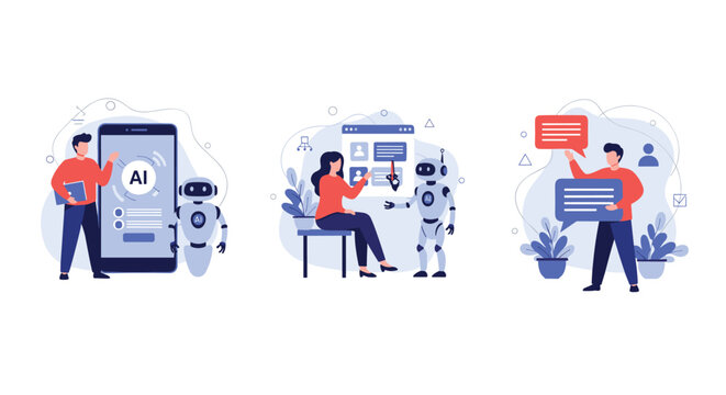 Three illustrations showing different interactions between humans and artificial intelligence robots for customer service and assistance.