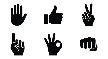 Fototapeta premium Black hand gesture icons set, 6 vector hand silhouettes with thumbs up and peace sign, human palm and fist symbols for communication and web design