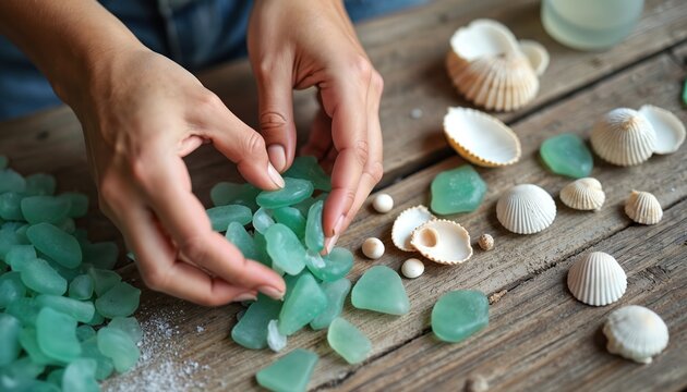 Hands arrange sea glass and shells on a rustic wooden table. Crafting nautical decor, creating beach art, or making ocean-themed jewelry with natural beachcombing finds.