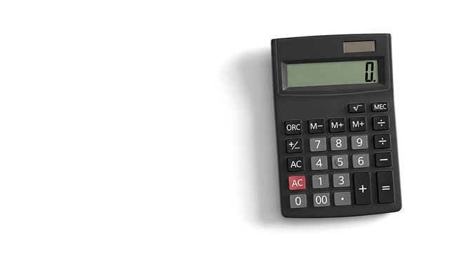 A black calculator displaying zero on its screen is placed on a white surface with soft shadow