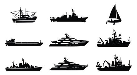 Nautical ship silhouettes set, 9 black vector icons of maritime vessels and boats, commercial cargo ships and luxury yacht collection for marine design © Rayhan