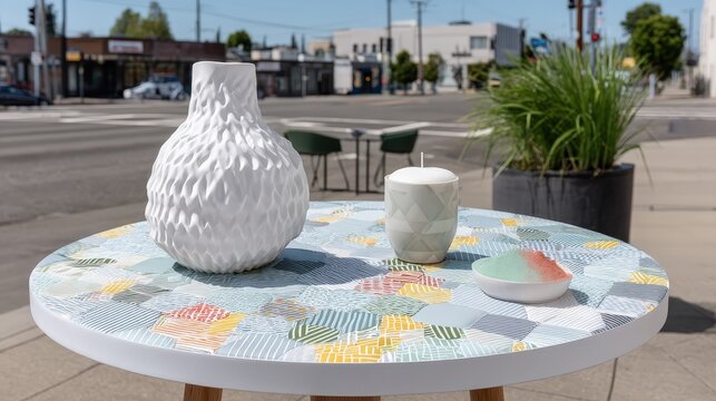 A round table shows colorful wooden ashtrays and a clay vase wrapped with rope