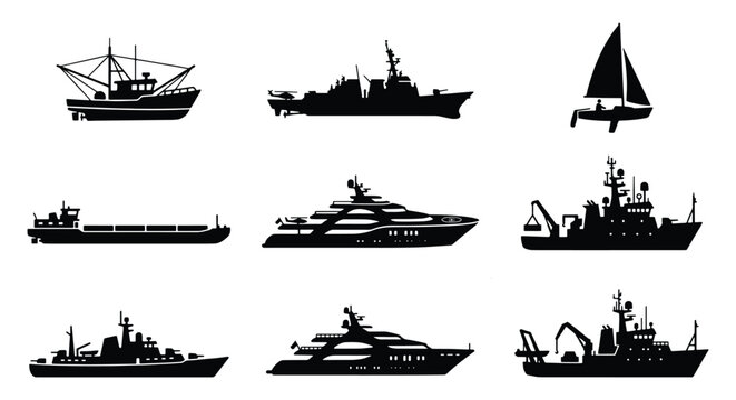 Nautical ship silhouettes set, 9 black vector icons of maritime vessels and boats, commercial cargo ships and luxury yacht collection for marine design