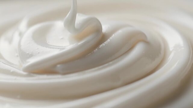 Close up of creamy white yogurt or sour cream texture with smooth swirl and thick consistency