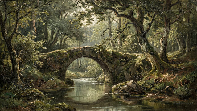 Vintage Forest Bridge over Stream in Autumn Woodland - Materic Oil Painting Landscape Art