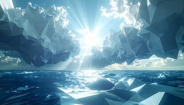 Abstract low poly ocean background with bright sunlight clouds