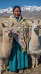 Fototapeta premium Woman in traditional dress and man with alpaca stand together in rural area with bright sky and clouds in the background