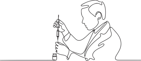 Fototapeta premium The doctor is preparing the injection equipment with anesthesia. One line draw graphic design vector