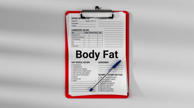 Medical clipboard with patient clinical form showing body fat measurement and laboratory values. Healthcare documentation concept with physician notes and medical examination record.