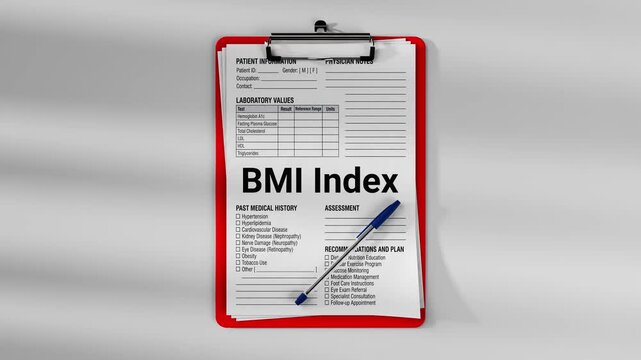 Medical clipboard with patient clinical form showing BMI index calculation and laboratory values. Healthcare documentation concept with physician notes and medical examination record.
