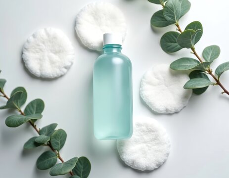 Blue liquid in clear bottle with cotton pads and green leaves on white surface. Skincare product for face cleansing or toning. Natural beauty cosmetic. Spa treatment item.