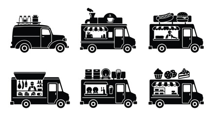 Food truck silhouettes set, black street food van icons, mobile kitchen and catering vehicle collection, 6 vector delivery transport elements © Rayhan
