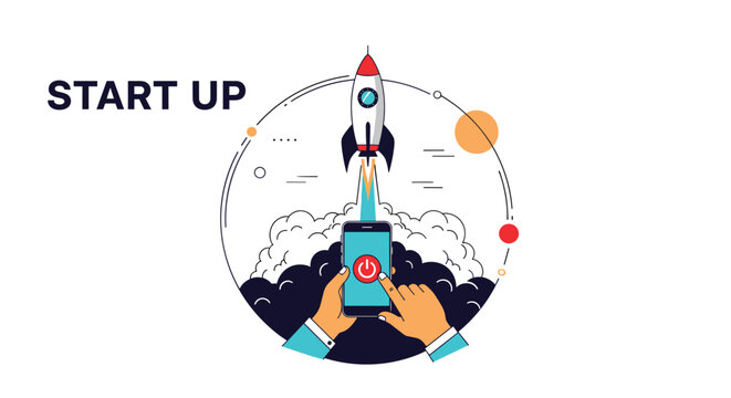 Human hands pressing a power button on a smartphone screen to launch a space rocket into the sky, representing a business startup launch.