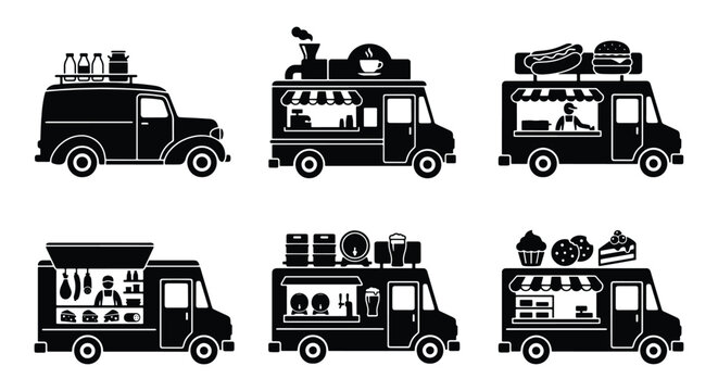 Food truck silhouettes set, black street food van icons, mobile kitchen and catering vehicle collection, 6 vector delivery transport elements