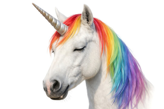 White unicorn with rainbow mane fantasy animal portrait isolated on white background