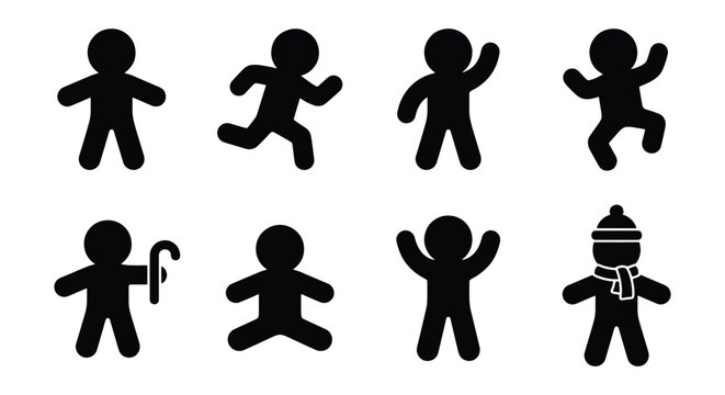 Gingerbread man silhouette icons set, 8 Christmas cookie vector elements, black holiday biscuit shapes for festive winter design and baking graphics