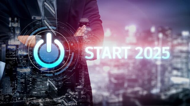 Start 2025 concept with futuristic power button symbolizing fresh beginnings, innovation, and digital transformation. Start 2025, new goals, and start 2025 initiative. Muxer