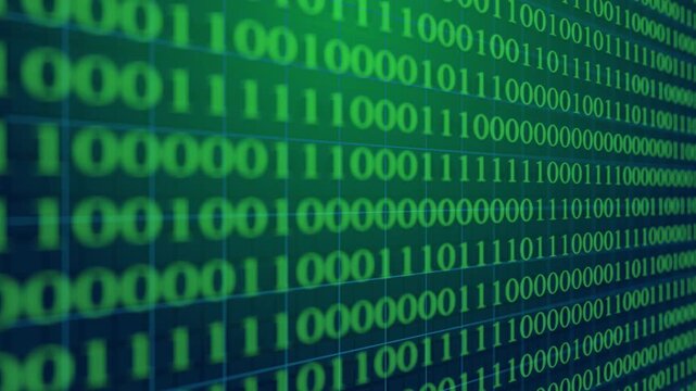 Green digital binary code stream with flowing numbers on a futuristic tech background