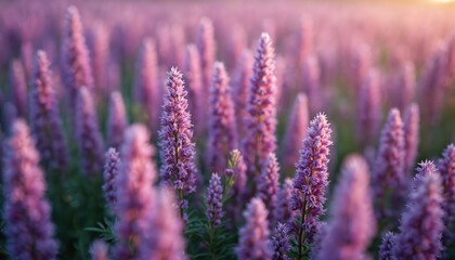 Fototapeta premium Field of blooming heather flowers in shades of purple and pink. Soft sunlight filters through the plants creating a gentle, dreamy atmosphere. This floral scene suggests a peaceful autumn setting.