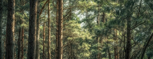 Fototapeta premium The Pine Forest with Sunlit Canopy and Tranquil Mossy Path through Tall Trees
