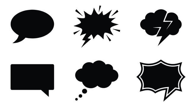 Comic speech bubble set with 6 black silhouettes, pop art thought clouds and scream boxes, flat vector chat icons for social media and storytelling