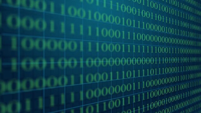 Cinematic blue digital binary code flow and data stream on a technology background