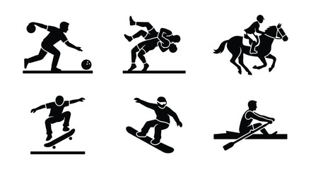 Black sport icons set, athletic competition silhouettes, collection of 6 vector pictograms featuring bowling, wrestling, equestrian, skating, snowboarding, and rowing © Siyam