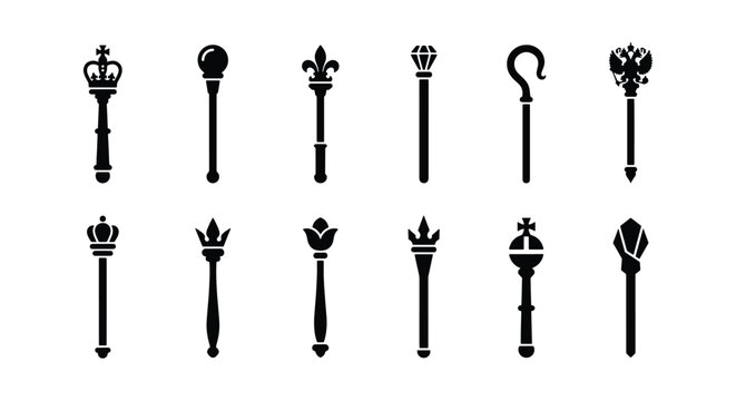 Royal scepter icons set, black silhouette of 12 king and queen maces, medieval monarchy regalia symbols, heraldic wand vector elements