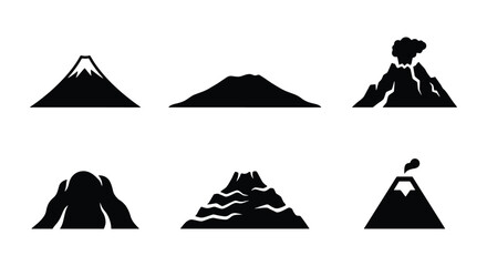 Minimalist mountain icons set, black volcano silhouettes with smoke and lava, 6 vector mountain peak elements for outdoor adventure branding © Siyam