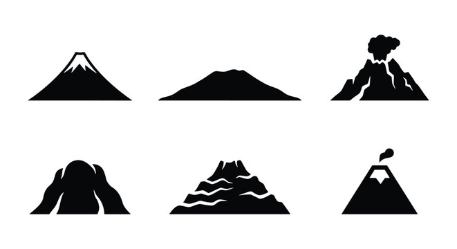 Minimalist mountain icons set, black volcano silhouettes with smoke and lava, 6 vector mountain peak elements for outdoor adventure branding