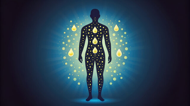 Fat storage and triglyceride droplets illustrated inside human body silhouette showing fat metabolism and energy storage concept