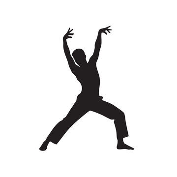 A bold black silhouette of a person performing a graceful dance move with arms raised isolated on a clean white background, full body view