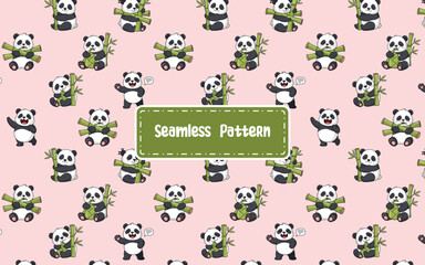 Cute panda cartoon seamless pattern with bamboo. © earth
